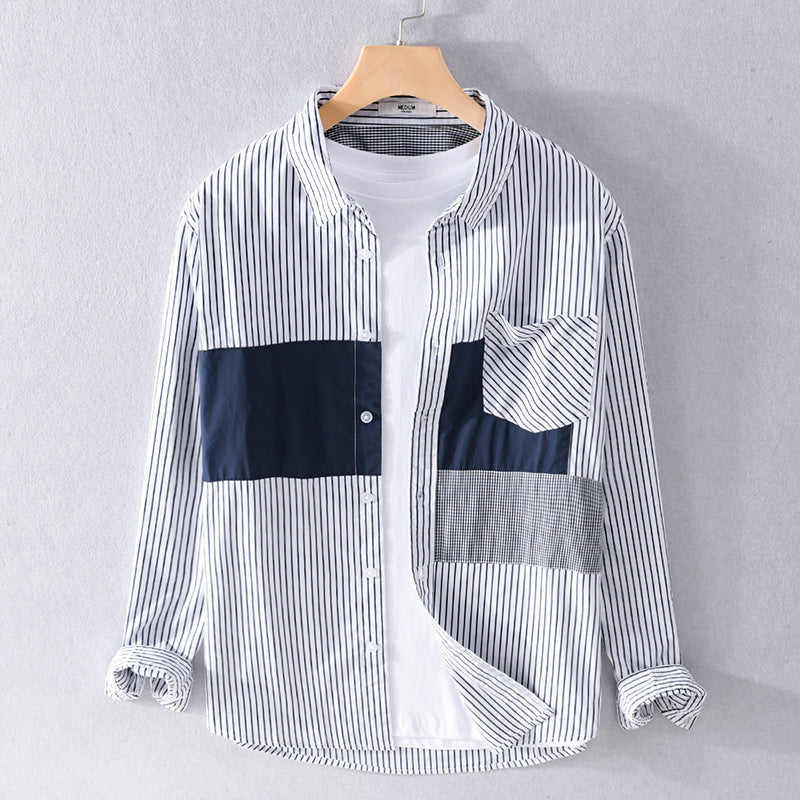 Herren Gestreiftes Overshirt mit Farbblock‑Einsätzen und aufgesetzter Brusttasche Echoarchiv