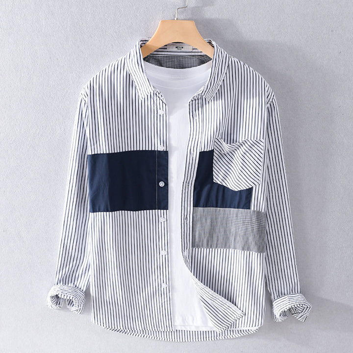 Herren Gestreiftes Overshirt mit Farbblock‑Einsätzen und aufgesetzter Brusttasche Echoarchiv