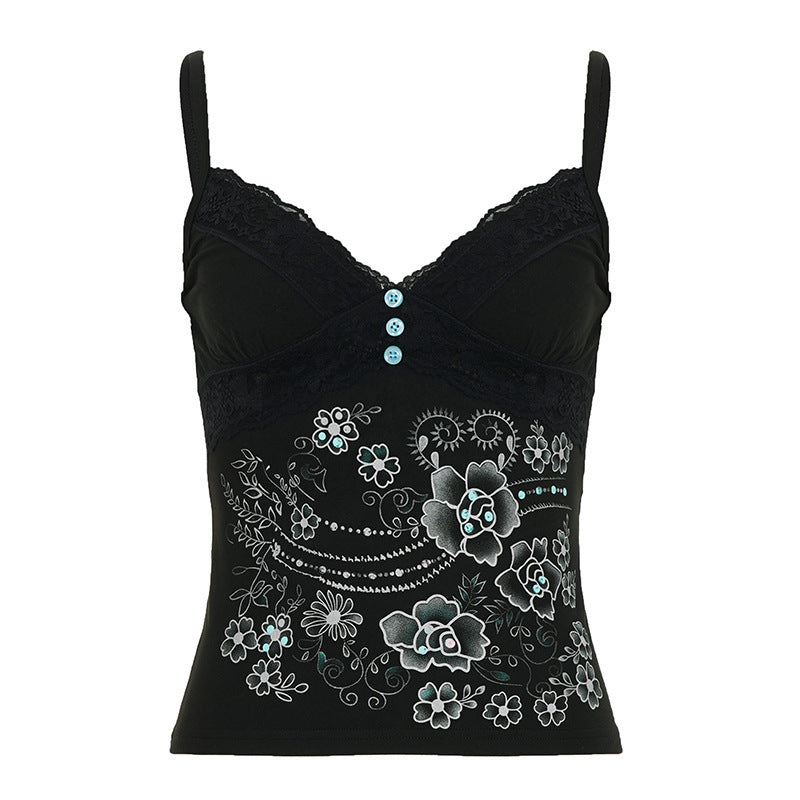 Damen Spitzentop mit floralem Design und dekorativen Knöpfen Echo Archiv
