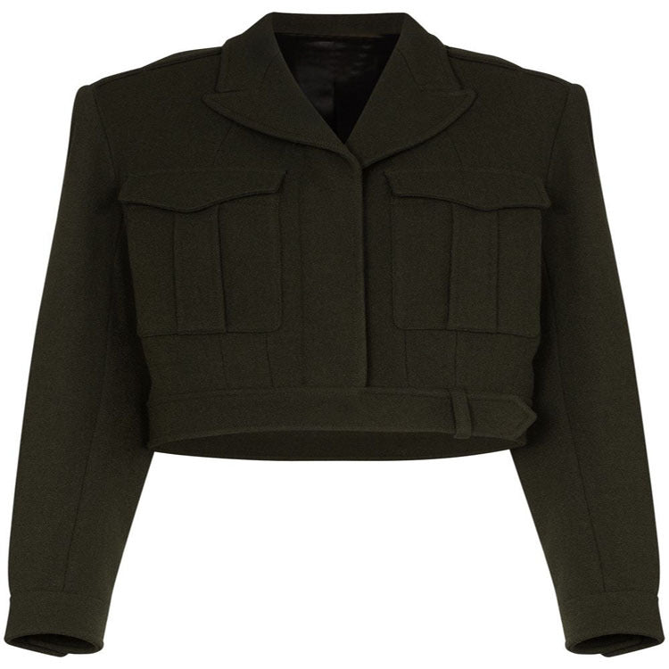 Damen Kurzjacke im Military-Tailoring aus Wollmix mit Pattentaschen und Taillengürtel Echoarchiv