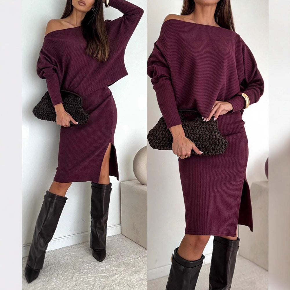 Damen Zweisitiges geripptes Strick-Set mit Off-Shoulder-Oversize-Pullover und tailliertem Midirock mit Seitenschlitz – Mavelle