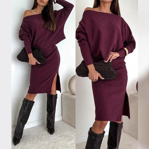 Damen Zweisitiges geripptes Strick-Set mit Off-Shoulder-Oversize-Pullover und tailliertem Midirock mit Seitenschlitz – Mavelle