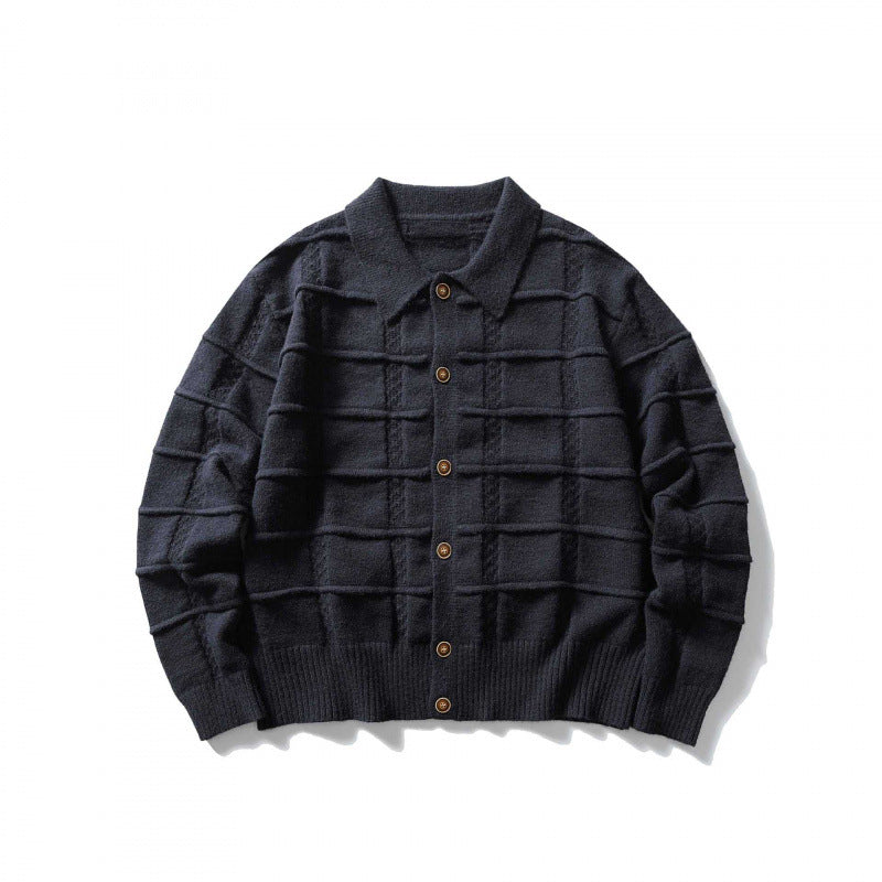 Unisex Kastenförmige Strickjacke mit Hemdkragen und strukturierter Karoprägung Echo Archiv