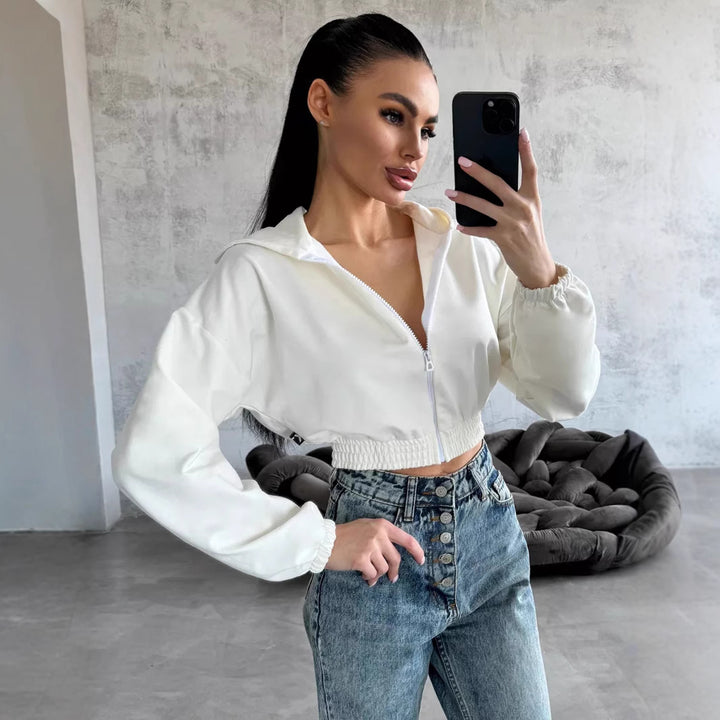 Damen Kurzgeschnittene Kapuzenjacke mit Reißverschluss, elastischem Bund und legerer Passform – Auréline