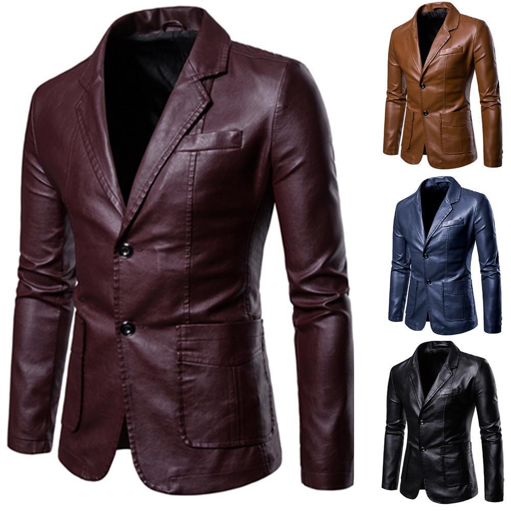 Herren nan schlanker Lederblazer mit Reverskragen und aufgesetzten Taschen Echo Archiv