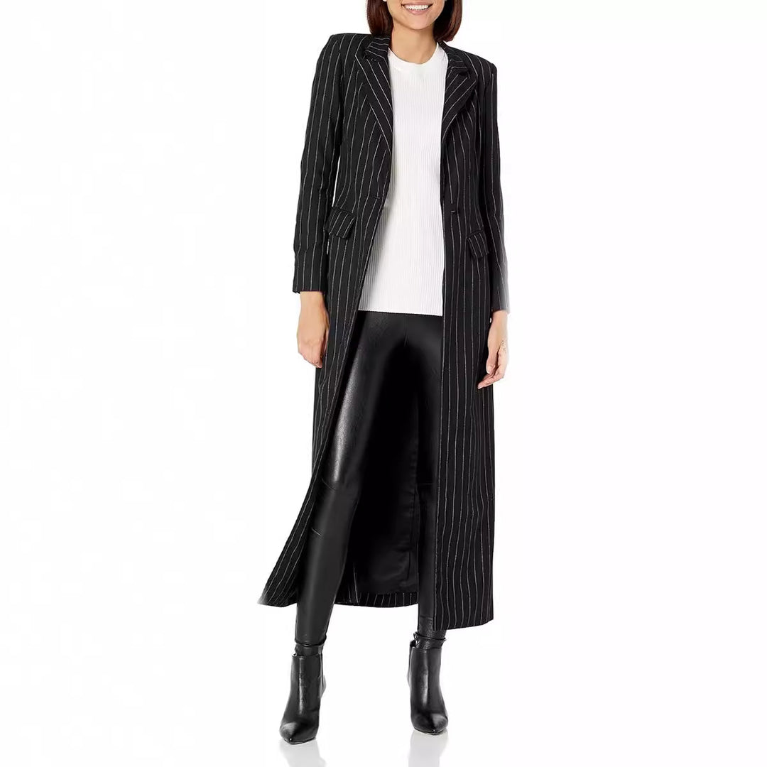 Damen Longline-Blazer-Mantel mit Nadelstreifen, taillierter Silhouette und Pattentaschen Echoarchiv