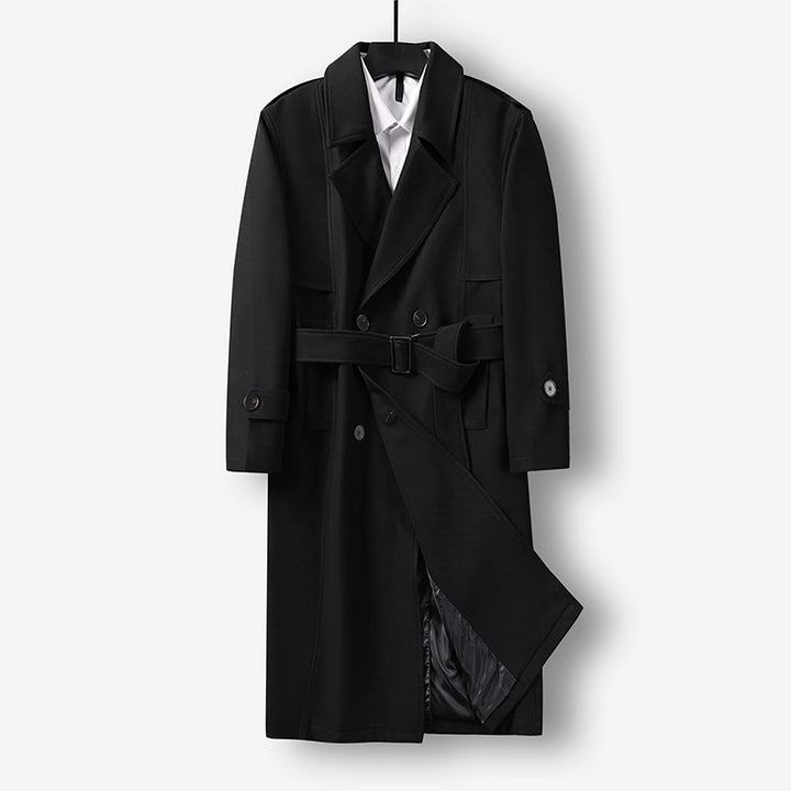 Herren Midilanger Doppelreihiger Trenchcoat mit Taillengürtel, abgefalcetem Revers und kariertem Innenfutter Echoarchiv