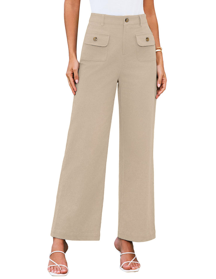 Hochtaillierte Damen-Trousers mit weitem Bein und Knopfklappen-Pattentaschen – Avélisse