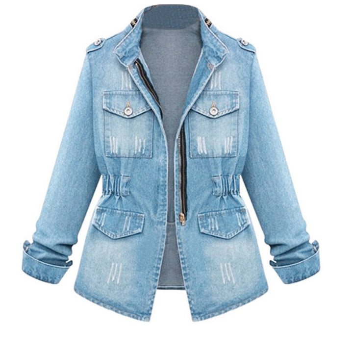 Damen modische Jeansjacke im Used-Look mit verstellbarem Kragen und trendigen Details Echo Archiv
