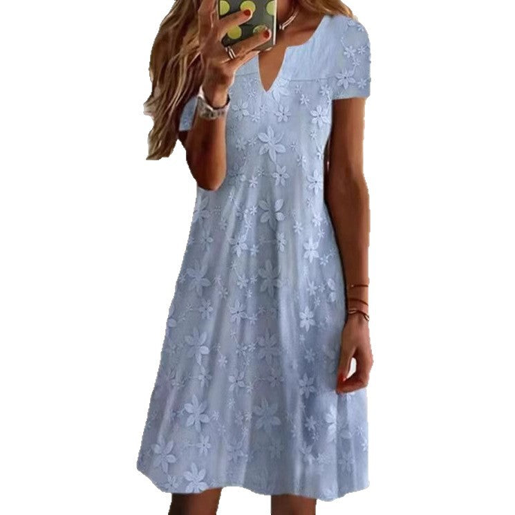 Damen nan knielanges A-Linien-Kleid aus Baumwollmix mit besticktem Broderie-Overlay, kurzen Ärmeln und V-Ausschnitt Echo Archiv