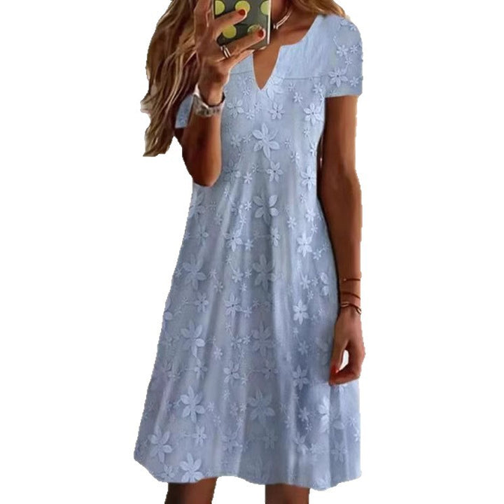 Damen nan knielanges A-Linien-Kleid aus Baumwollmix mit besticktem Broderie-Overlay, kurzen Ärmeln und V-Ausschnitt Echo Archiv
