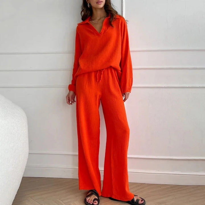 Damen Leichtes Crinkle-Lounge-Set mit V-Ausschnitt und weiter High-Waist-Hose Echo Archiv