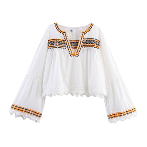 Damen Bestickte Boho-Bluse mit weiten Glockenärmeln und Spitzensaum Echoarchiv
