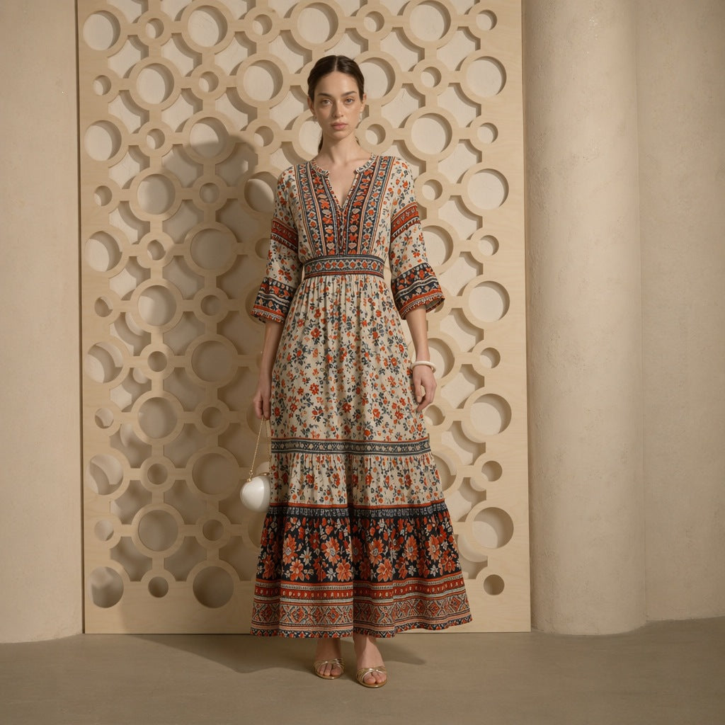 Damen langes Boho-Maxi-Kleid mit V-Ausschnitt geraffter Taille und mehrlagigem Stufenrock – Valéora
