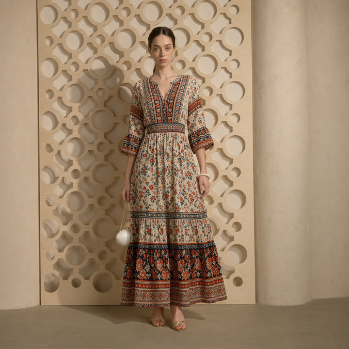 Damen langes Boho-Maxi-Kleid mit V-Ausschnitt geraffter Taille und mehrlagigem Stufenrock – Valéora