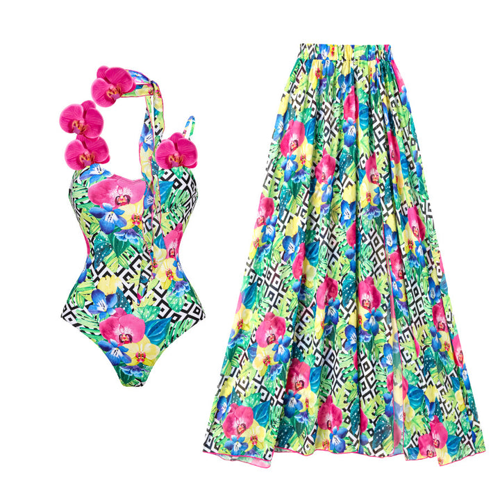 Damen Blumenmuster Badeanzug und Rock Set Echo Archiv