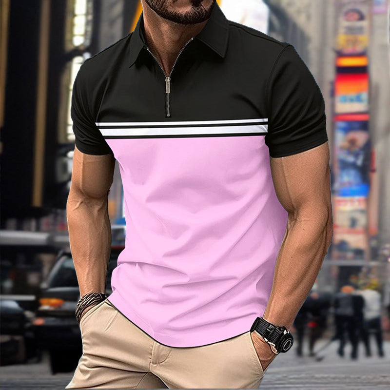Herren modernes Kurzarm-Poloshirt mit Reißverschluss und Farbblockdesign Echoarchiv