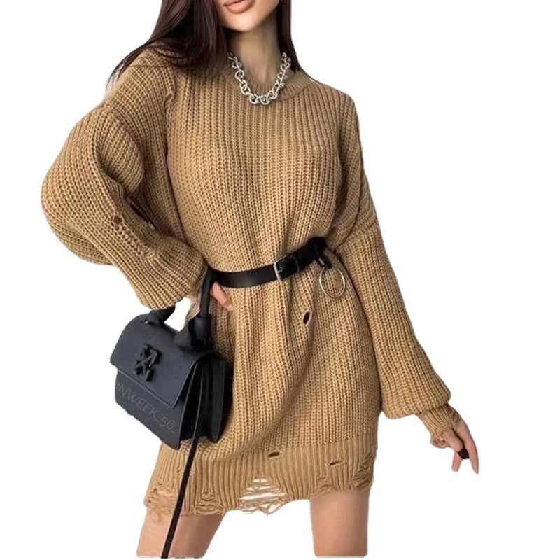 Damen Oversize Grobstrick-Minikleid mit Destroy-Effekt und Rundhalsausschnitt – Élara