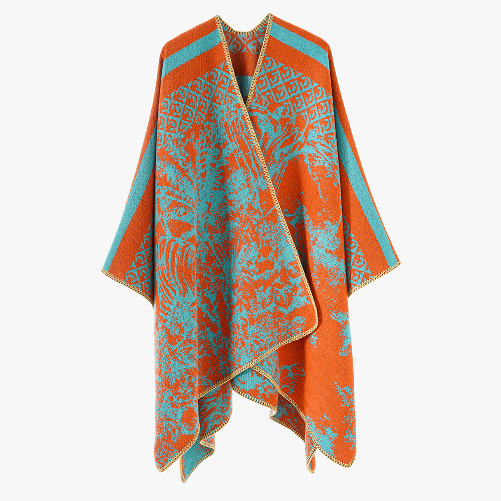 Damen Jacquard-Strickcape mit Stehkragen und grafischem Waldmotiv – Avérine