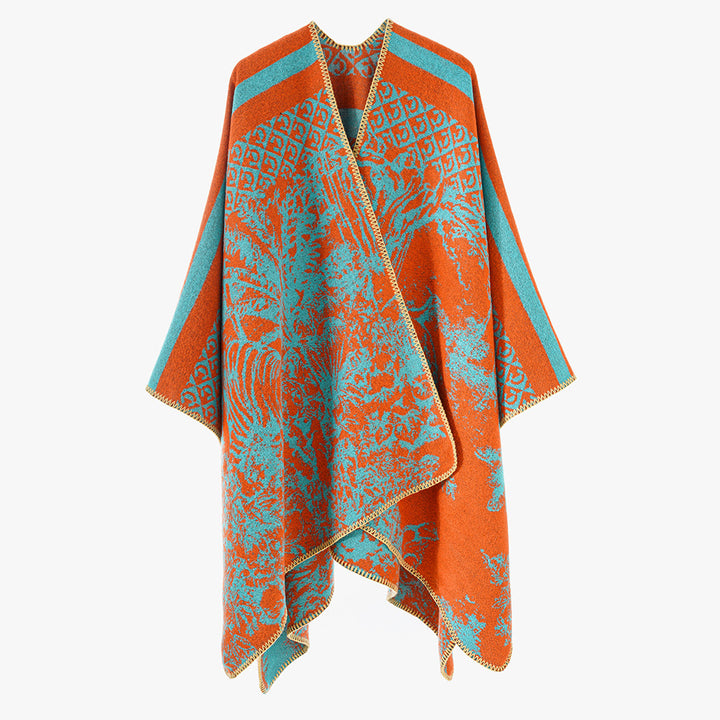 Damen Jacquard-Strickcape mit Stehkragen und grafischem Waldmotiv – Avérine
