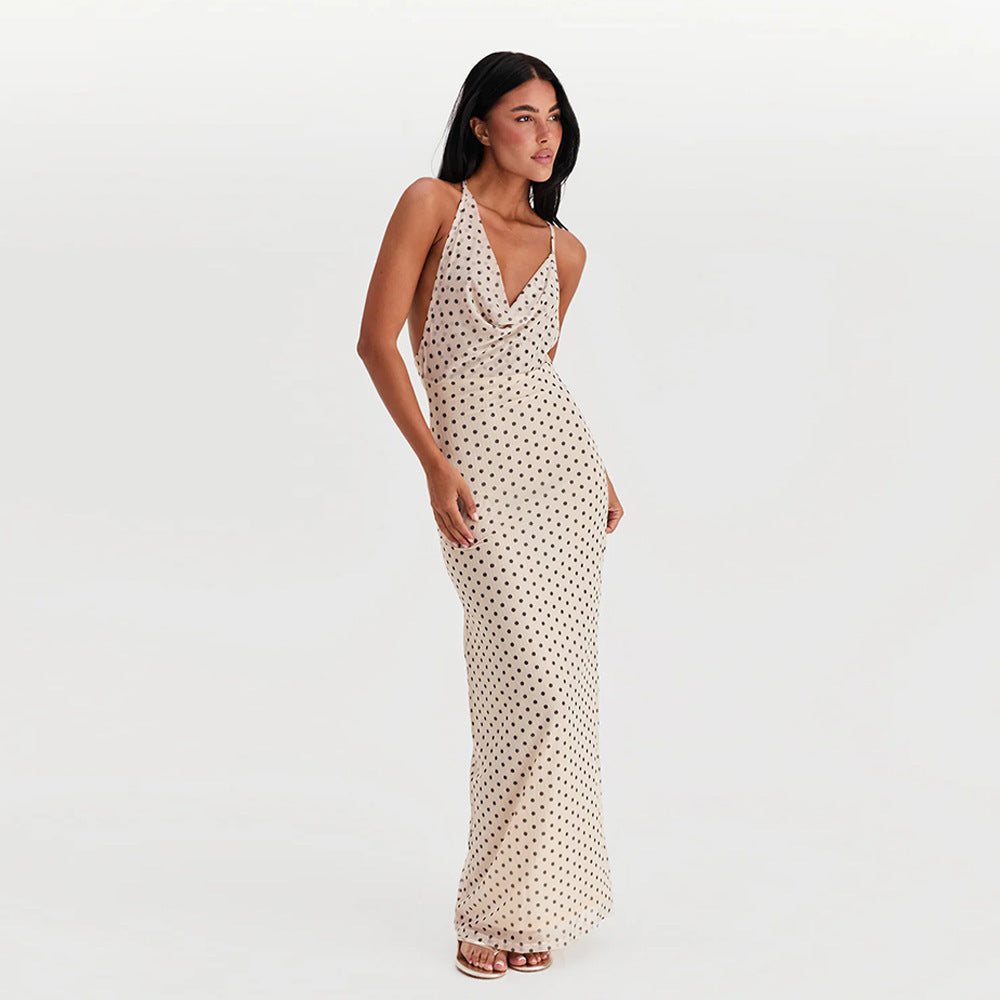 Damen Maxikleid mit elegantem Wasserfallausschnitt und Punktedesign Echo Archiv
