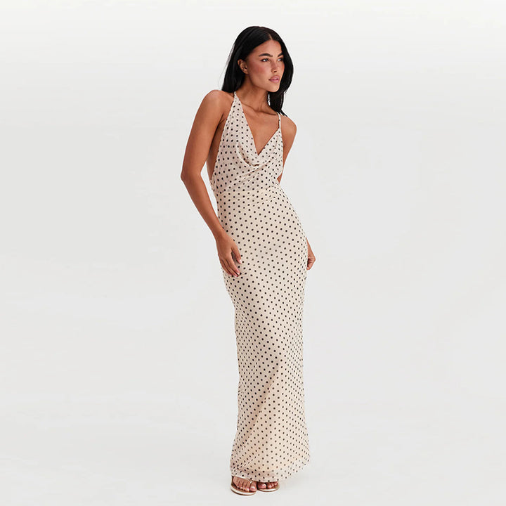 Damen Maxikleid mit elegantem Wasserfallausschnitt und Punktedesign Echo Archiv