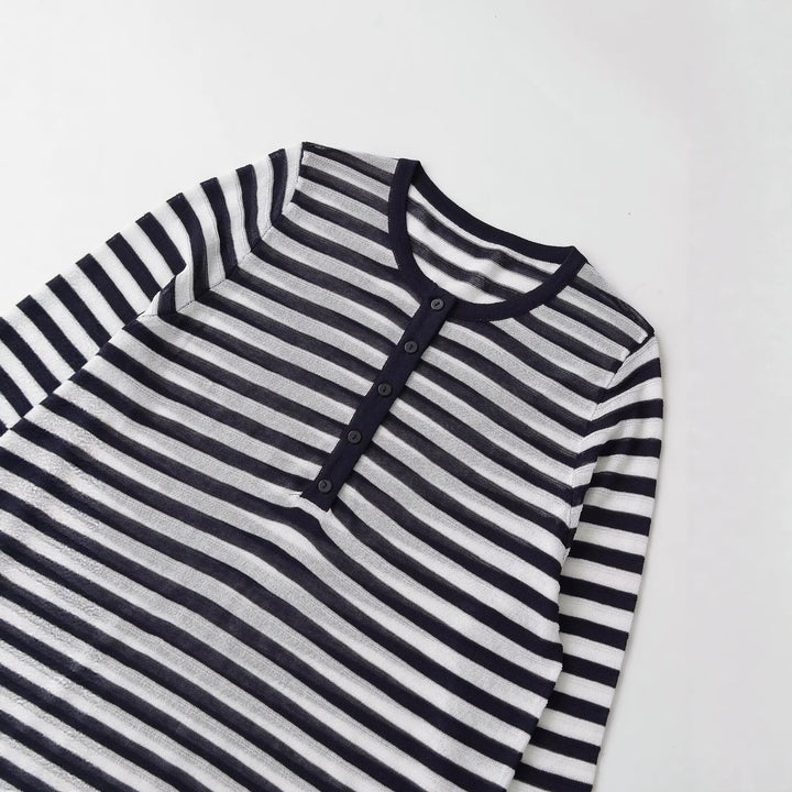 Damen Langarm-Shirt mit Knopfleiste und maritimen Streifen Echo Archiv