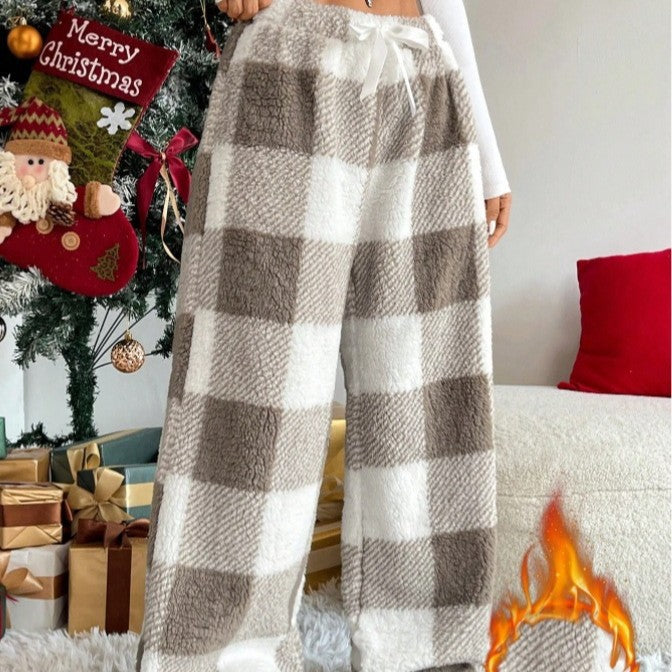 Damen nan kuschelige karierte Fleece-Hose mit Tunnelzugbund und weitem Bein Echo Archiv
