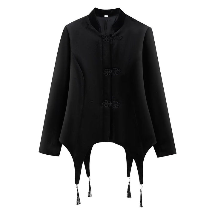 Damen Asymmetrische Kurzjacke mit Stehkragen, Kordelverschlüssen und Quasten-Saum Echo Archiv