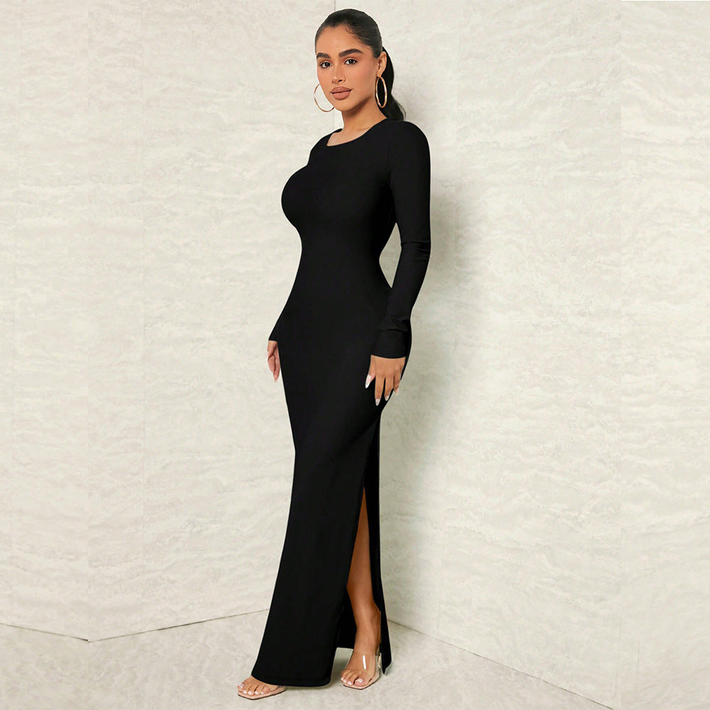 Damen figurnahes Maxikleid mit Rundhalsausschnitt, langem Arm und sculptender Taillenform – Valéora