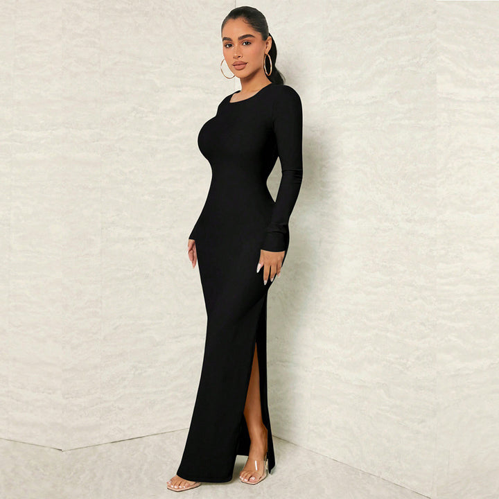 Damen figurnahes Maxikleid mit Rundhalsausschnitt, langem Arm und sculptender Taillenform – Valéora