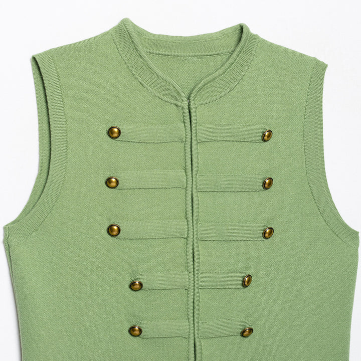 Damen Ärmellose Strickweste im Militärstil mit dekorativen Metallknöpfen und aufgesetzten Taschen Echoarchiv