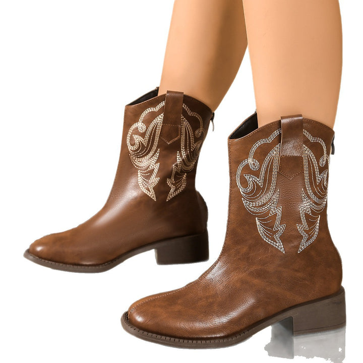 Damen Retro-Cowgirl-Stiefel mit mittelhohem Blockabsatz und dekorativer Stickerei Echo Archiv