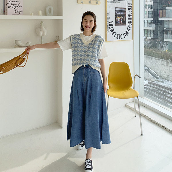 Damen Langer Jeans-Culotte-Rock mit hoher Taille, kastiger A-Linien-Silhouette und Eingrifftaschen – Dénora