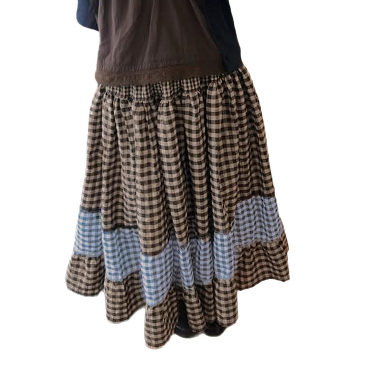 Damen nan mehrlagiger Baumwoll-Stufenrock mit elastischem Taillenbund, kontrastierendem Gingham-Band und Volant Echo Archiv