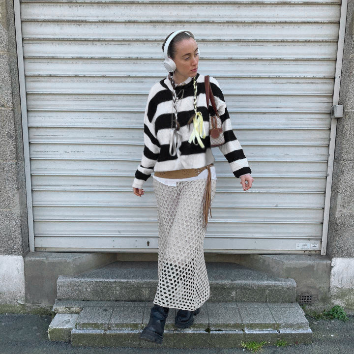 Damen nan gestreifter Rundhals-Pullover aus Feinstrick mit gerippten Bündchen und schmaler Passform Echo Archiv