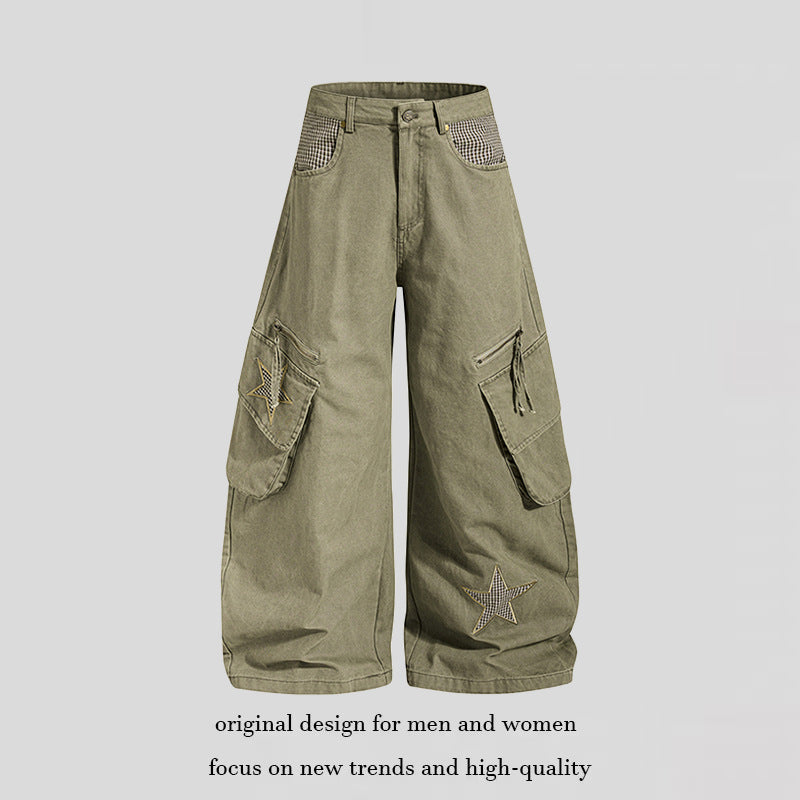 Damen weite Cargo-Culottehose mit Stern-Applikationen und Multi-Taschen Echoarchiv