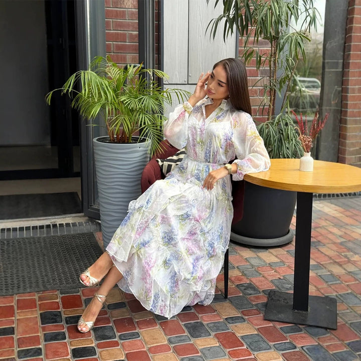 Damen Langes Chiffon-Stufenmaxikleid mit Volants & zarten Blumen-Print Echoarchiv