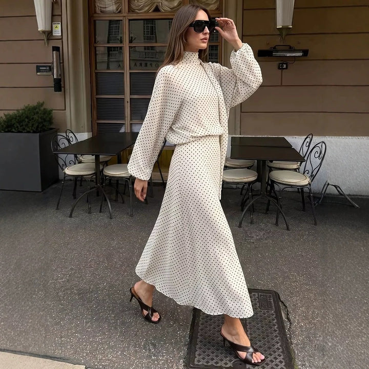 Damen Zweiteiliges Set aus leichtem Chiffon mit weitem Midirock und Ballonärmel-Bluse mit Schleifenkragen Echo Archiv