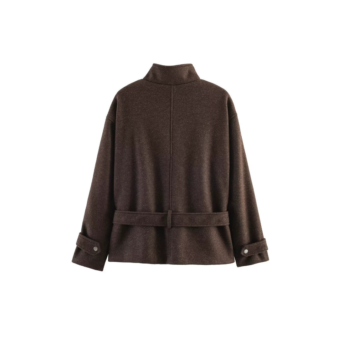 Damen Kurze Wollmix-Übergangsjacke mit Taillengürtel und Stehkragen Echoarchiv