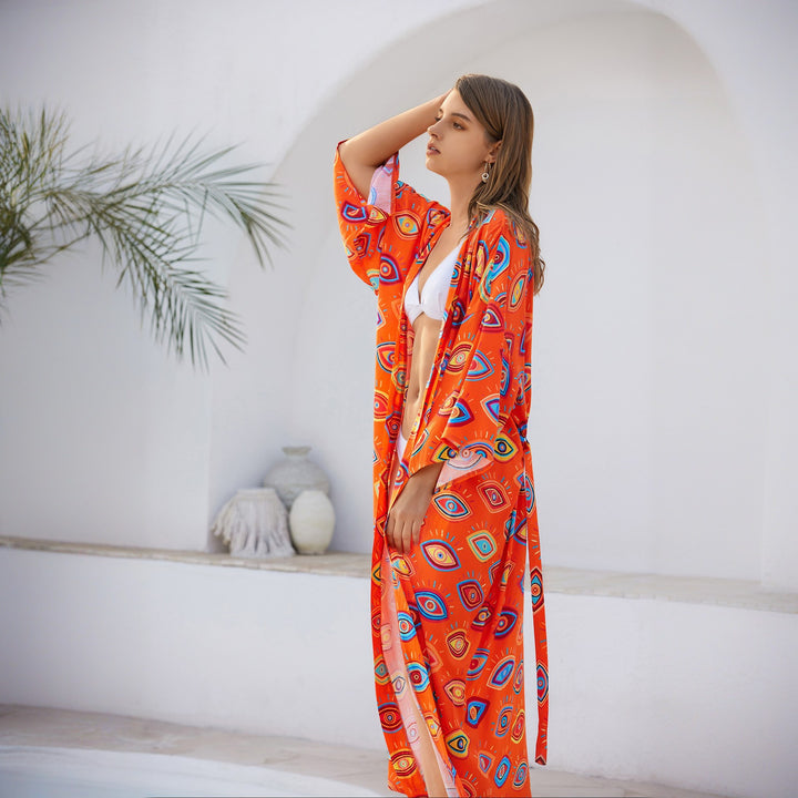 Damen Langer Kaftan‑Kimono mit Taillengürtel, V‑Ausschnitt & grafischem Augenprint Echoarchiv