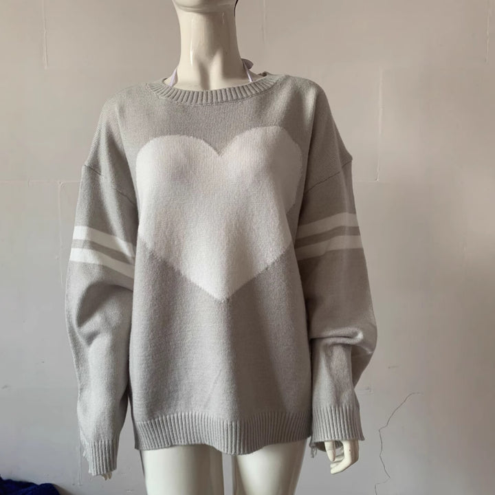 Damen Oversize Strickpullover mit Herzmotiv und sportiven Streifenärmeln Drune