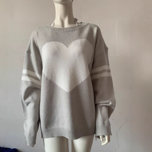 Damen Oversize Strickpullover mit Herzmotiv und sportiven Streifenärmeln Drune