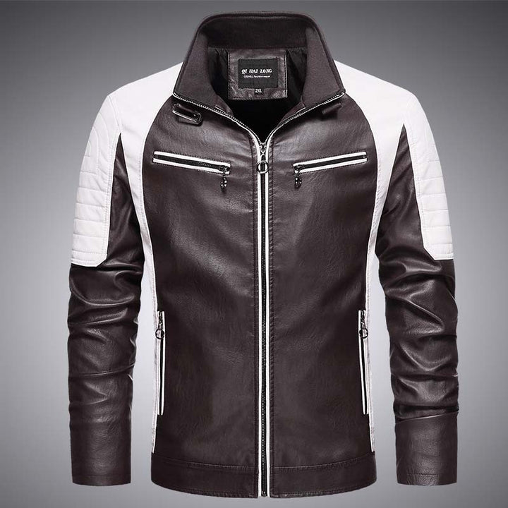 Herren Biker-Lederimitatjacke im Racing-Stil mit Stehkragen und Reißverschlusstaschen Echoarchiv