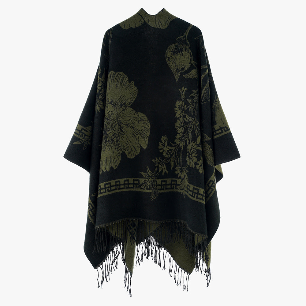 Damen Rechteckiger Jacquard-Überwurf mit floralem Allovermotiv und Fransensaum – Avérine