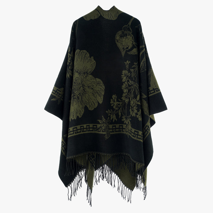 Damen Rechteckiger Jacquard-Überwurf mit floralem Allovermotiv und Fransensaum – Avérine