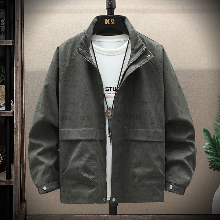 Herren leichte Overshirt-Utility-Jacke mit Allover-Print, Stehkragen & verdecktem Reißverschluss Echoarchiv