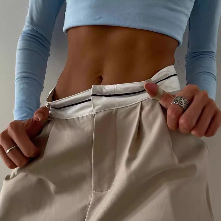 Damen Hochtaillierte weite Bundfaltenhose mit Kontrastbund Echoarchiv
