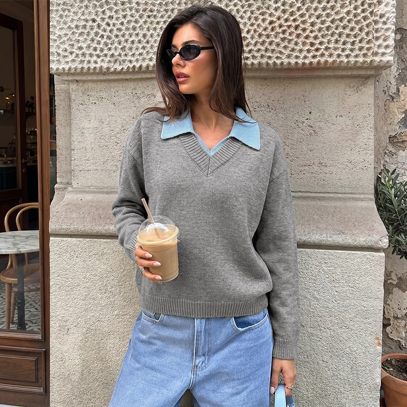 Damen Eleganter V-Ausschnitt Pullover mit Hemdkragen Echo Archiv