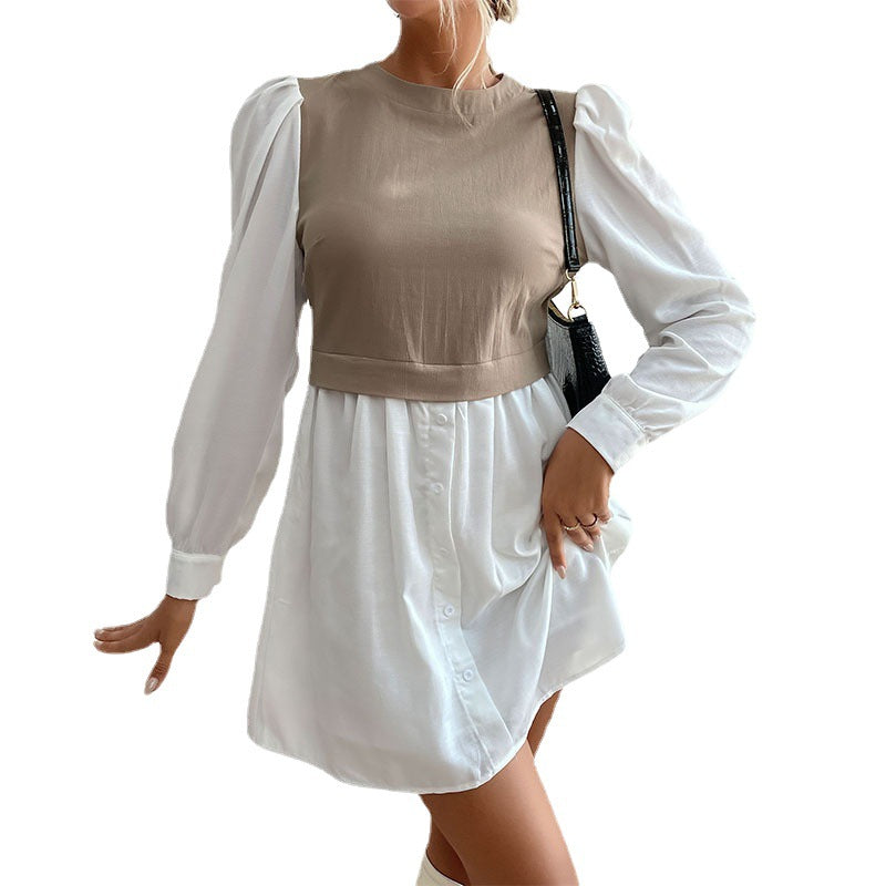 Damen Hemdblusenkleid mit eingesetzter kurzgeschnittener Weste, Puffärmeln und taillierter Silhouette Echoarchiv